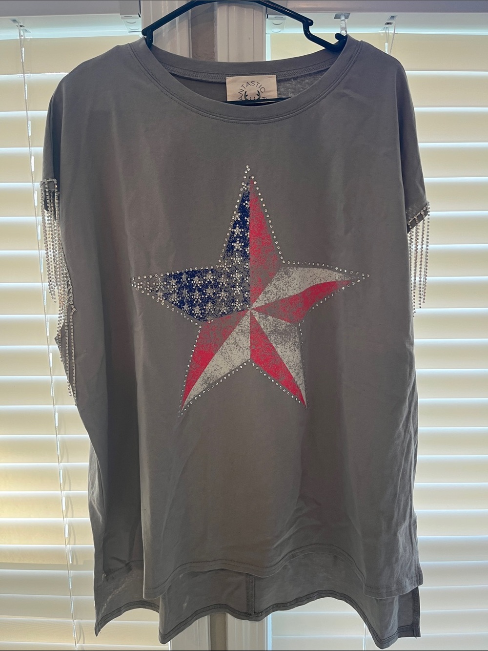 Fantastic Fawn Gray Tee with Star Motif and Red/Blue Accents